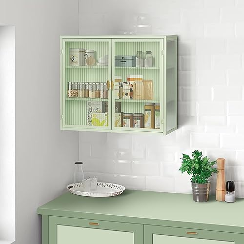 DGSPVCT Two-Door Wall Cabinet, Kitchen Wall Cabinet Medicine Cabinet with Glass Doors and Three-Tier Storage for Bathroom, Entryway, Living Room, Dining Room, Mint Green