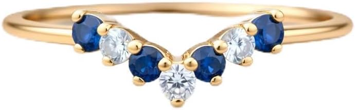 14K Yellow Gold Chevron Sapphire & Diamond Wedding Band for Women Curved V Shape Stackable Ring Contour Bridal Enhancer Band Anniversary Jewelry Gift for Her