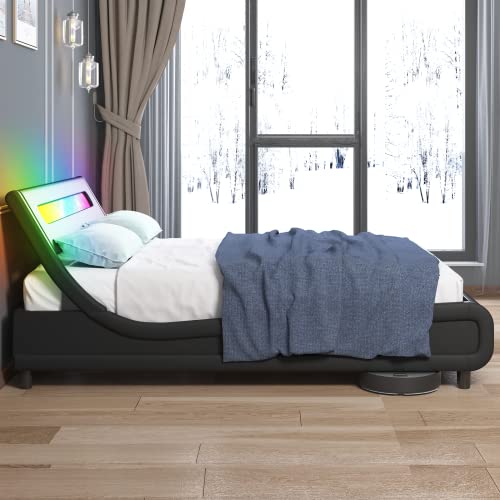 Zafly Modern Led Queen Beds,Platform Led Bed Frame Queen Size,Upholstered Durable Sleigh Low Profile Platform Queen Size Bed With Pvc Headboard,Wooden Slats Support/No Box Spring Needed,Black #TOP7