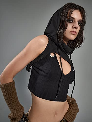 Mulheres Tops Sólido Cordão Super colheita Cncapuzado (Color : Black, Size : CH)