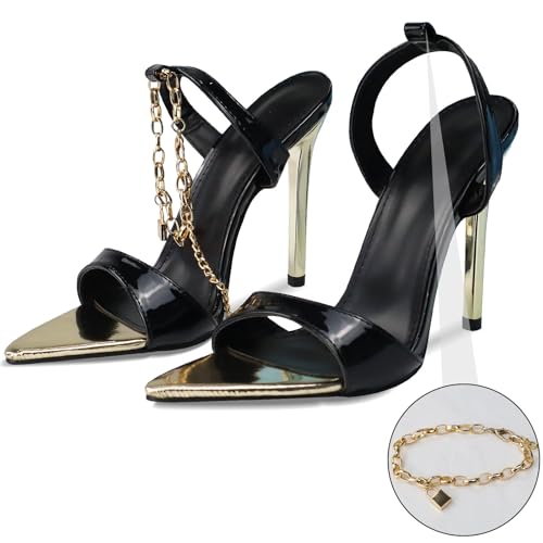 GATUXUS Women's Stilettos High Heels Sandals Metal Chain Ankle Strap Classic Pointed Toe Dress Sandals Shoes3
