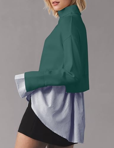Image of MISSACTIVER Women Slit Turtleneck Patchwork Sweater 2 in 1 Buttons Down Pullover Knit Sweater Asymmetrical Hem Shirt Top