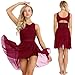 FEESHOW Women Contemporary Dance Costume Lyrical Dance Costume Illusion V-Neck Chiffon Flowy High-Low Leotard Dress Wine Red Medium