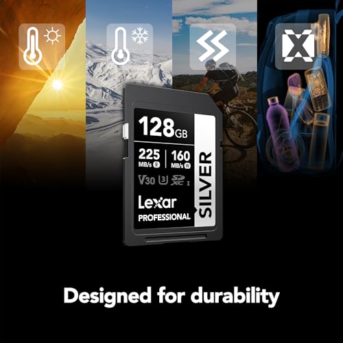 Image of Lexar 128GB Professional Silver SD Card, UHS-I, C10, U3, V30, 4K, Up to 225 /160 MB /s SDXC Memory Card, for Professional Photographer, Videographer, Enthusiast (LSDSILV128G-BNNNU)