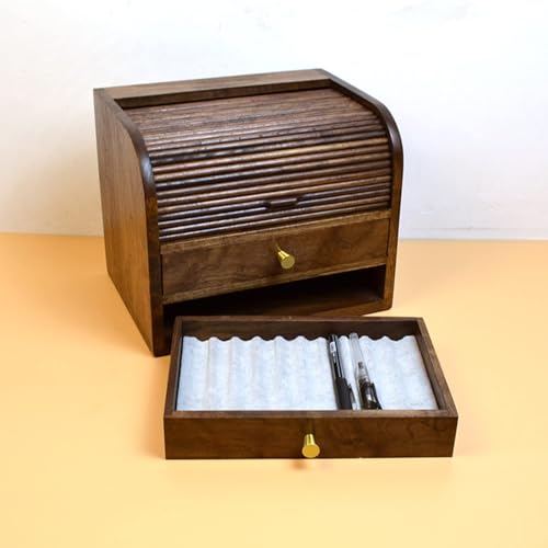 Contenitore in legno per penne con cassetto e porta scorrevole, organizer per penne stilografiche per casa o ufficio, capacità 20 penne
