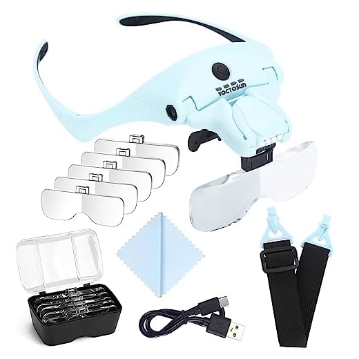 YOCTOSUN Magnifying Glasses with Light for Close Work, Head Magnifier with 4 LED Lights and 5 Detachable Lenses 1X to 3.5X,Rechargeable Hands Free Headband Magnifier Glasses for Crafts, Hobby