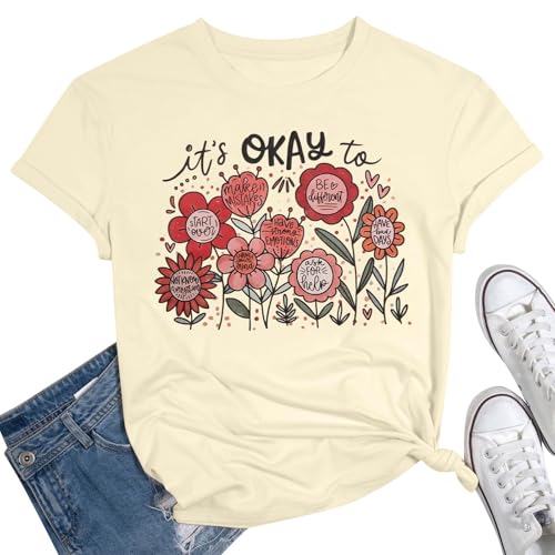 KIDDAD Women Graphic Shirt Teacher Kindness Shirts Boho Floral Short Sleeve Tee Mental Health Inspirational Tops Soft