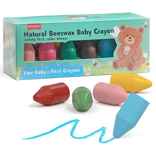 iCrayon Soja- und Bienenwachs-Wachsmalstifte für Kleinkinder – 12 Farben, natürliche ungiftige Wachsmalstifte, extra dick & griffig für kleine Hände, bruchfest