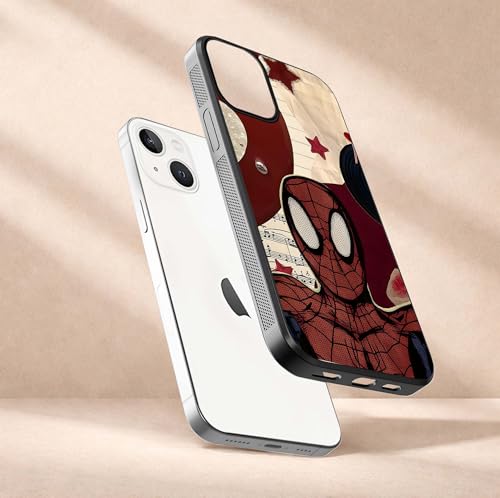Image of Compatible with iPhone 13 Back Cover, Designer Tempered Glass Phone Case, Hero Comic Vibes Print, Shockproof TPU Bumper, Glossy Scratch Resistant Protective Cover for Women & Men