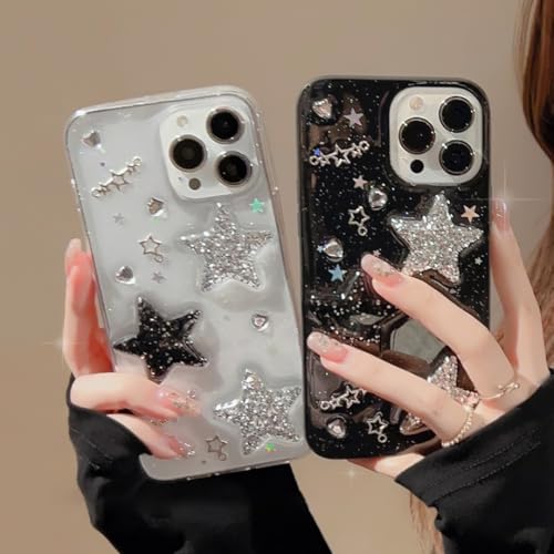 Coque iPhone 16 Pro Max étoiles 3D relief strass paillettes noires - 2