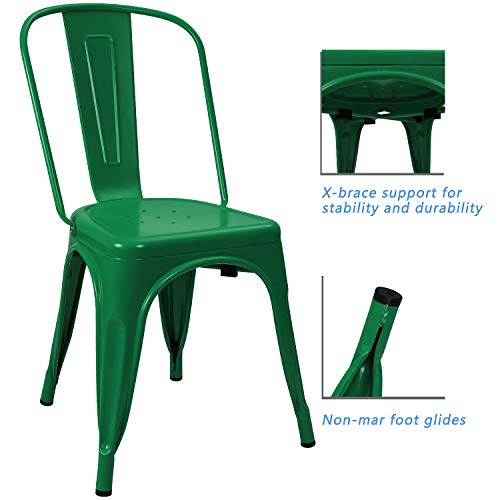 Image of Devoko Metal Indoor-Outdoor Chairs - Distressed Style Kitchen Dining Set of 4 Stackable Side Chairs with Back (Green)
