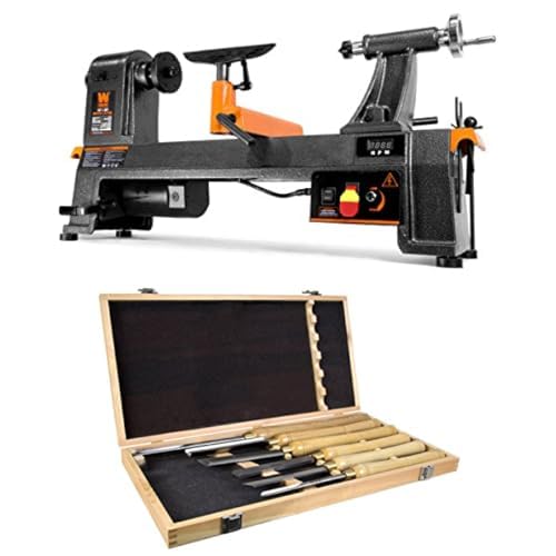 Image of WEN 6-Amp 14-Inch by 20-Inch Variable Speed Benchtop Wood Lathe and 6-Piece 16-to-22-Inch Artisan Chisel Set (34035, CH15)