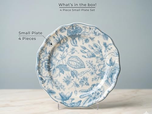 Image of Bodhi House 4-Piece Blue Leaf White Porcelain Quarter Plates Set | Snack & Dessert Plates | Lightweight, Chip Resistant, | Microwave & Dishwasher Safe | Elegant Tableware for Dining & Gifting