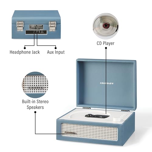 Image of Crosley CR3517A-WB Voyager Retro Portable CD Player with Stereo Bluetooth Speakers and FM Radio, Washed Blue