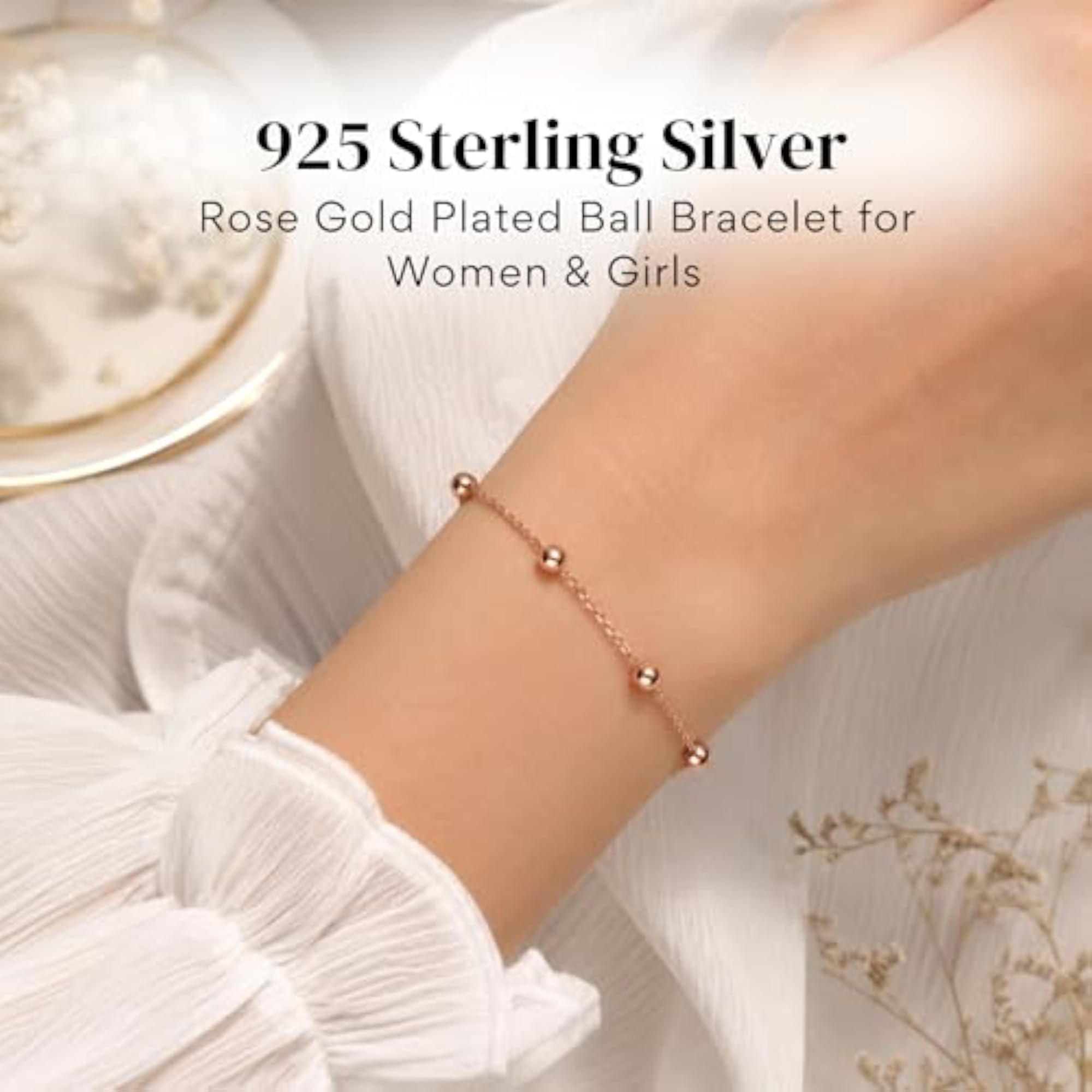 Women's 925 Sterling Silver Rose Plated Ball Bracelet