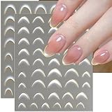 Gradient French Tip Nail Stickers for Women White Gold Curve Line Nail Art Stickers 3D Curved Stripes Wave Lines Decorations French Manicure Strips Guide Sticker Nails Design Manicure Accessories DIY