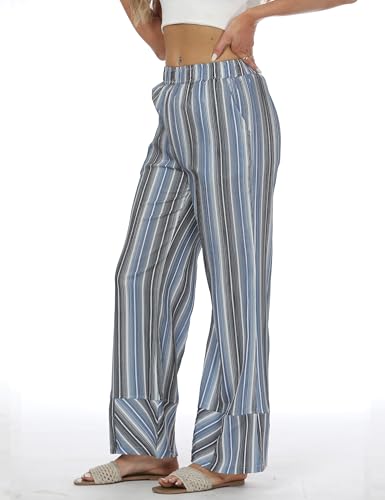 Women's Striped Pants Casual Wide Leg Palazzo Pant Slouchy Loose Beach Elastic Waist Trousers with Pockets4