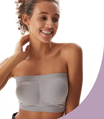 Puremsx Strapless Bandeau Bra, Women's Pads Seamless Basic Bra Wire-Free Summer Bandeau Tube Top Bra For Vacation,Medium,3 Pack,Beige,White,Gray #TOP3