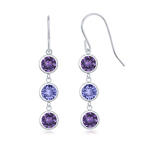 Gem Stone King 2.72 Ct Round Purple Amethyst Blue Tanzanite 925 Sterling Silver 3 Stone Dangle Earrings