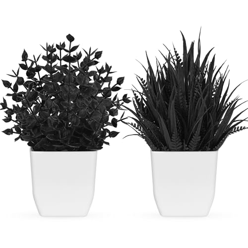 Der Rose 2 Pack Small Black Fake Plants Mini Artificial Potted Plants for Halloween Decor Table Desk Home Office Black Bathroom Decor