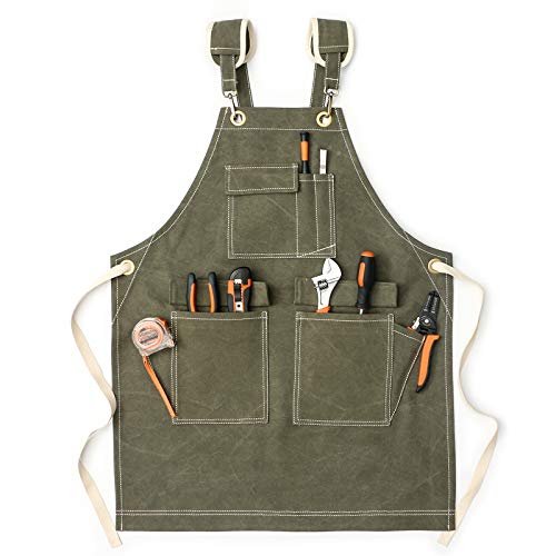 Jeanerlor - Wasserabweisende Holzbearbeitungsschürzen für Herren, 425 ml, Segeltuch, Arbeitsschürze mit Taschen, verstellbar, Größe L - XXXL (Olivgrün) Cover