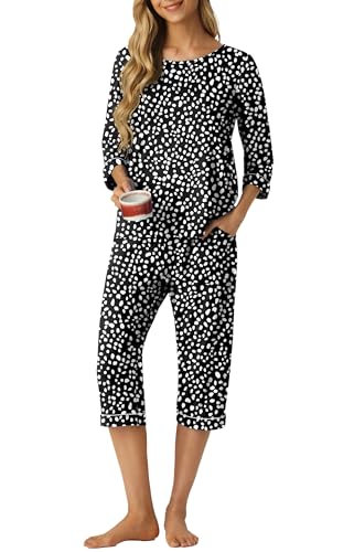 PrinStory Women's Pajama Set Capri Pjs Sets 2 Piece Soft Lounge Sets Sleepwear with Pockets Spot...