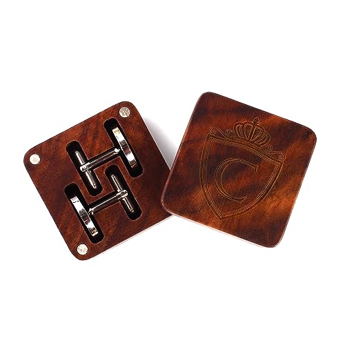 Image of Mens Initial Silver Cufflinks A-Z Alphabet Letter Steel Cuff Links with Engraved Walnut Wood Box Groom Groomsman Wedding Set