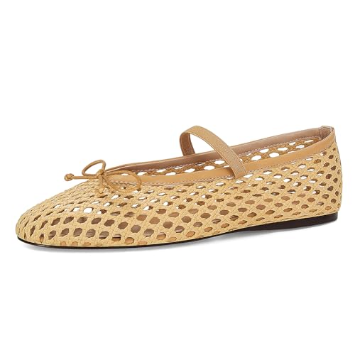 Image of ZJGZF Woven Ballet Flats for Women Cute Raffia Mary Janes Bow Elastic Strap Summer Straw Comfortable Casual Dressy Shoes