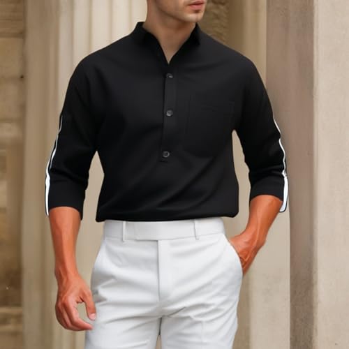 Men's Black Casual Long Sleeve Mandarin Collar Shirt Button-Down Henley Style2