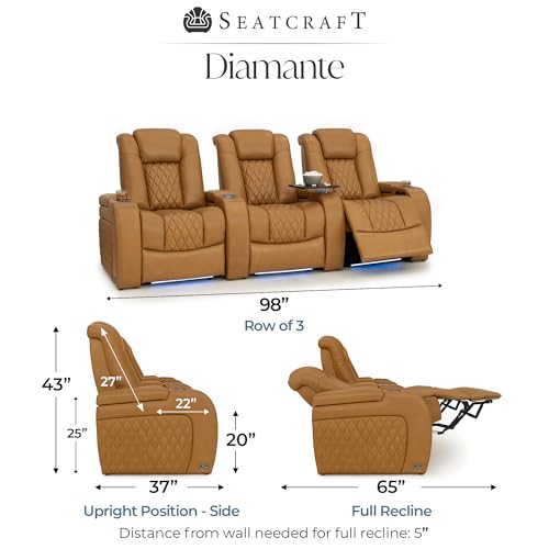 Image of Seatcraft Diamante Tan Oak Italian Leather Home Theater Seating, Zero Gravity Power Recliner Gaming and Home Office Chair, Powered Headrest Lounge Sofa Furniture for Cinema Room, Row of 3