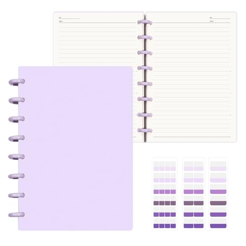 MOSA BEAR Discbound Notebook 8-Disc Disbound Planner with Removable Pages 180 Pages Spiral Notebook Poly Cover Discbound Planner for Work Travel Note Taking(With Index Sticker) Purple A5