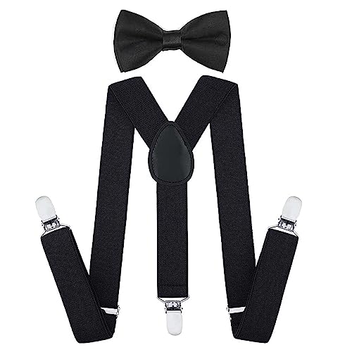 VIKY® Kinder Hosenträger Herren Extra Stark, Hosenträger Kinder Fliege Set mit Y-Form 3 Starken Clips Hosenträgern und Fliege, Elastisch und Verstellbar, Hosenträger Baby für Herren Damen (Schwarz)