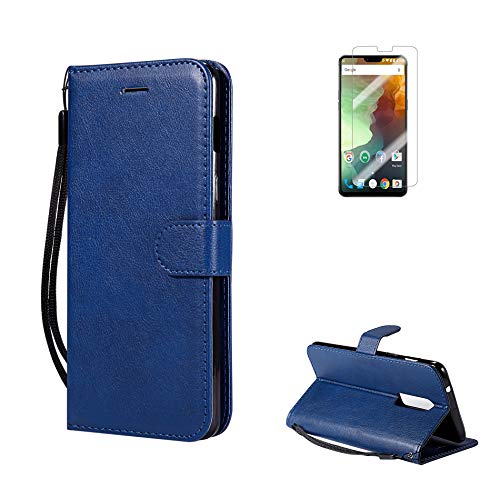 Fatcatparadise Coque OnePlus 6, Rétro Etui Housse Cuir PU Portefeuille Folio Flip Case Cover Wallet Coque Protection Étui avec Flex Soft Silicone TPU Case Coque Housse Étui pour OnePlus 6(Bleu) Cover