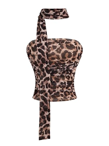 GORGLITTER Girl's Tube Tops Cute Leopard Print Going Out Tops Cheetah Print Ruched Strapless Crop Top with Neck Scarf - Main Image