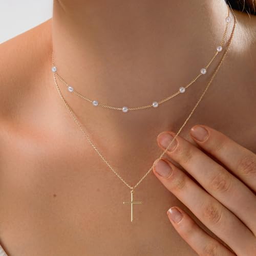 Cross Necklace for Women Gold/Silver Plated Layered Dainty Cross Chain Trendy Choker Satellite Charm Small Crucifix Pendant Gold/Silver Necklace Stackable Hypoallergenic Delicate Gift for Women4