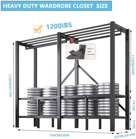 Heavy Duty Portable Closet with Cover 1200Ibs Foldable Covered Clothes Rack for Hanging Clothes Armoire Wardrobe Closet System Freestanding Coat Storage Garment Racks (150cm/59in（Hazy Gray）)