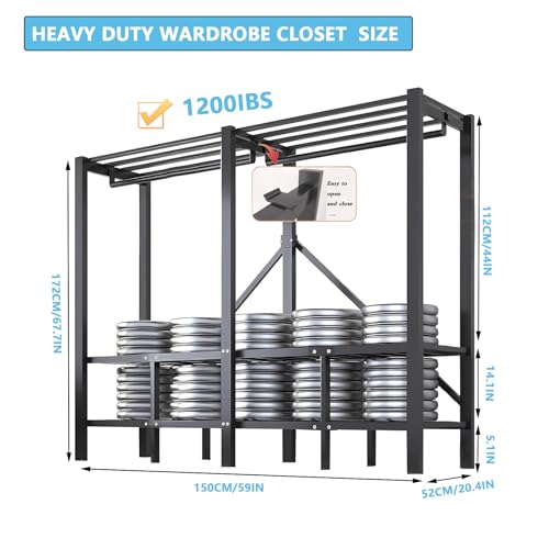 Heavy Duty Portable Closet with Cover 1200Ibs Foldable Covered Clothes Rack for Hanging Clothes Armoire Wardrobe Closet System Freestanding Coat Storage Garment Racks (150cm/59in(Hazy Gray))