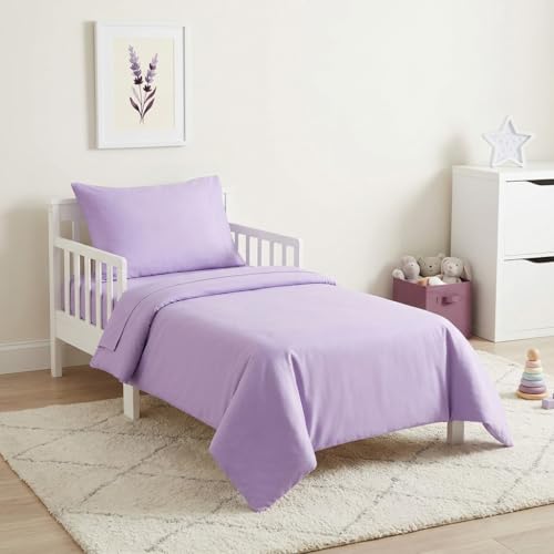 EVERYDAY KIDS 4 Piece Toddler Bedding Set - Includes Comforter, Flat Sheet, Fitted Sheet and Pillowcase - Solid Purple