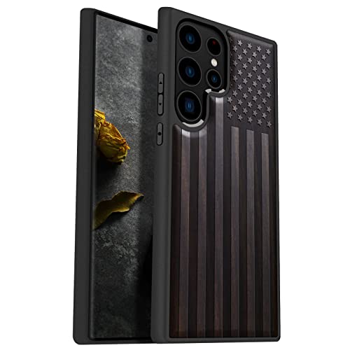 Image of Carveit Wood Case for Galaxy S23 Ultra, (The Classic American Flag-Black) | Samsung Galaxy S23 Ultra Cover, Unique Wooden Design, Engraved Wood with TPU Shockproof Bumper, Wireless Charging Compatible