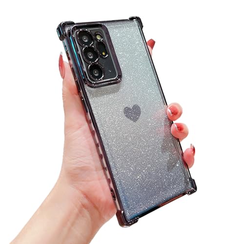 phylla for Samsung Galaxy Note 20 Ultra 6.9' 5g Gradient Glitter Heart Phone Case Luxury Plating Edge Cute Love Butterflies Bling Clear Cover for Women Soft Silicone Shockproof Bumper (Black)