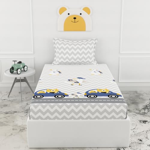 Image of LORETO - A QUALITY LINEN BRAND 186 TC 100% Pure Cotton Single Fitted Bedsheet with 1 Pillow Cover for 78 x 36 Inch Mattress, All-Around Elastic, 8 Inch Deep Pocket, Car Ride