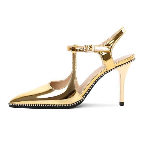 Image of SAMMITOP Womens High Heels Ankle Strap Pointed Toe Stilettos Patent Leather Beaded Pumps Dress Shoes 3.5 Inch