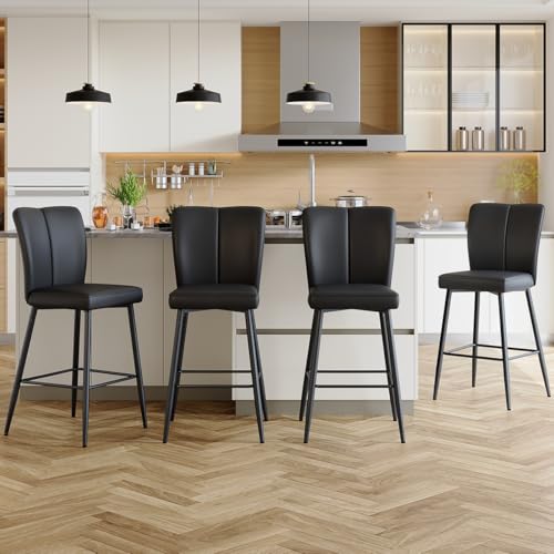 Image of Counter Height Bar Stools Set of 4 - Kitchen Island Stools with Back,Black Barstools with Sturdy Metal Legs,Modern Bar Stools Ideal for Kitchen Island Pub Cafe(27'' Faux Leather-Black)
