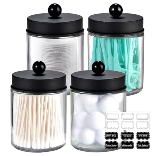4 Pack Apothecary Jars Bathroom Vanity Storage Organizer Set -Countertop Canister with Stainless Steel Lids &Cute Stickers - Qtip Dispenser Holder for Qtips,Cotton Swabs,Makeup Sponges(Black)
