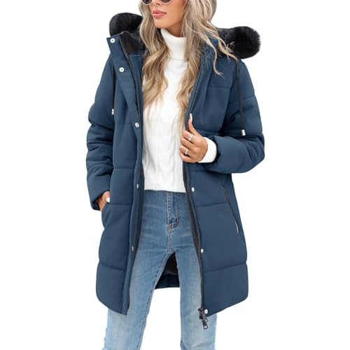 Image of RITOSTA Women's Long Winter Coats Ladies Quilted Jacket Zip up Fleece Lined Coat Thicken Padded Puffer Parka Longline Hoodies Padded Coats with Faux Fur Removable Hood for Outdoor Sport (Navy,S)
