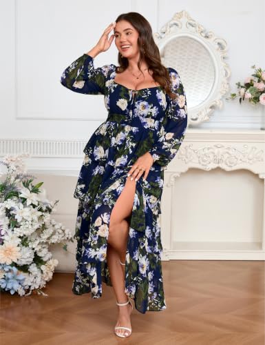 Image of EYWOL Plus Size Long Sleeve Floral Tiered Semi Formal Wedding Guest Dress