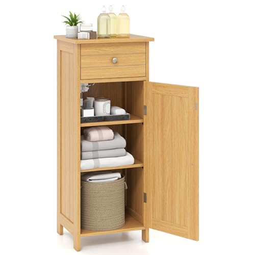 Multigot Bathroom Floor Cabinet, Wood Storage Cupboard with Drawer, Adjustable Shelf & Magnetic Door, Freestanding Toilet Organizer Unit for Bedroom Living Room (7-Position Adjustable, Natural)