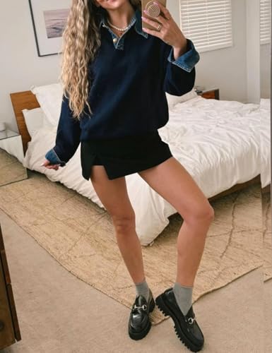 Womens Denim Lapel Sweater Oversized Long Sleeve Button Down Polo Knit Pullover Sweaters 2025 Fall Outfits3