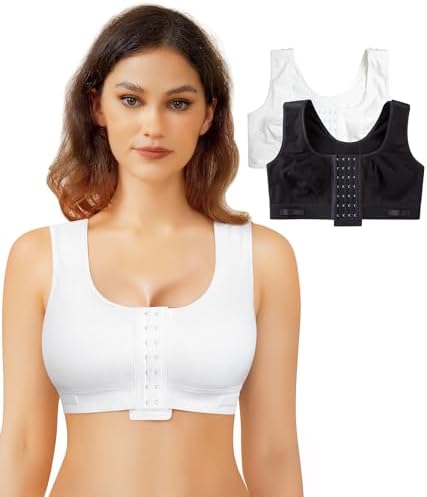BRABIC Women Front Closure Post Surgery Compression Everyday Bras for Mastectomy Support with Adjustable Straps Wirefree(XX-Large, Black/White 2pk)
