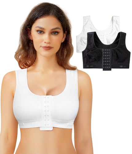 BRABIC Women Front Closure Post Surgery Compression Everyday Bras for Mastectomy Support with Adjustable Straps Wirefree(X-Small, Black/White 2pk)